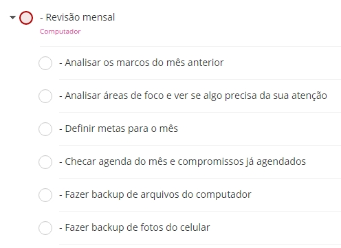 Foto: Checklist da Revisão Mensal no Todoist
